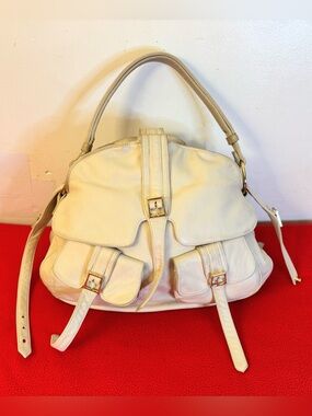 Bulga New York Helmet Double Sided Pockets Bag in Beige Soft Leather USA Made